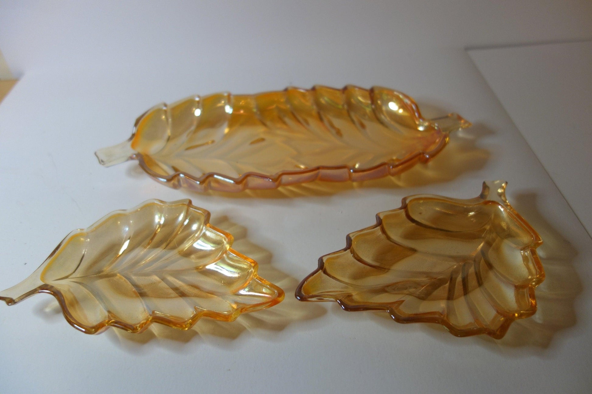 Peach carnival glass serving / nibble set 1950's