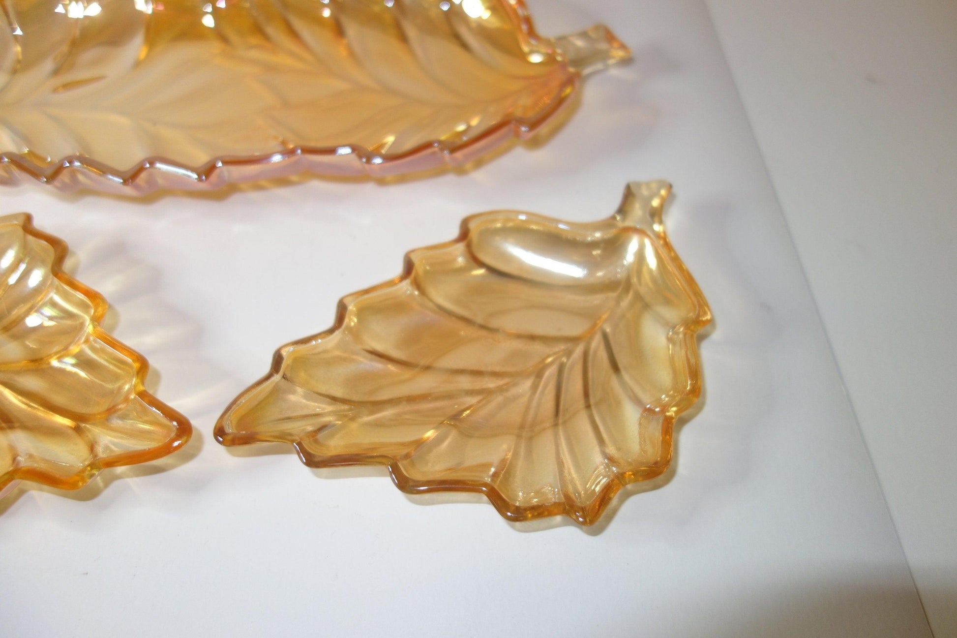 Peach carnival glass serving / nibble set 1950's