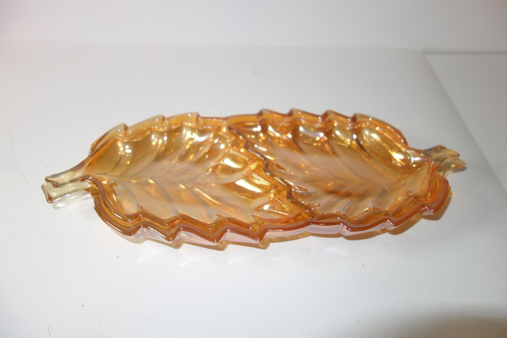 Peach carnival glass serving / nibble set 1950's