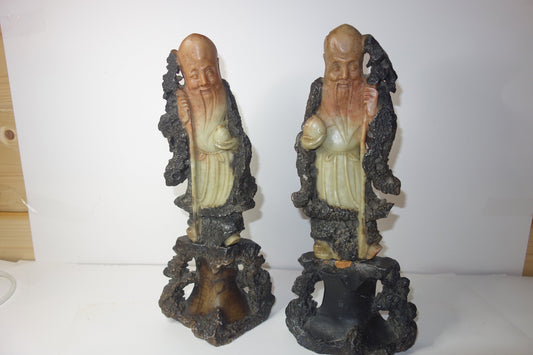 Pair Chinese Carved Soapstone Steatite, figures of Shou Lau, God of Longevity. Early 20th C