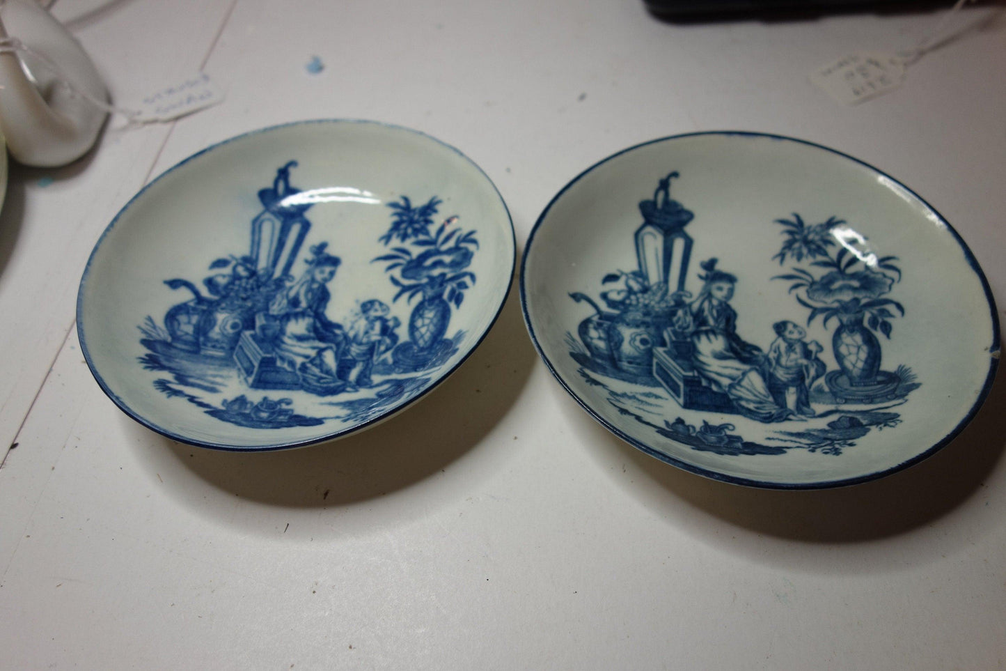 Early Worcester Pair Tea saucers Rare Chinese lady pattern 1770's