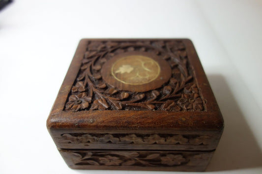 Deep carved wooden box inlaid top