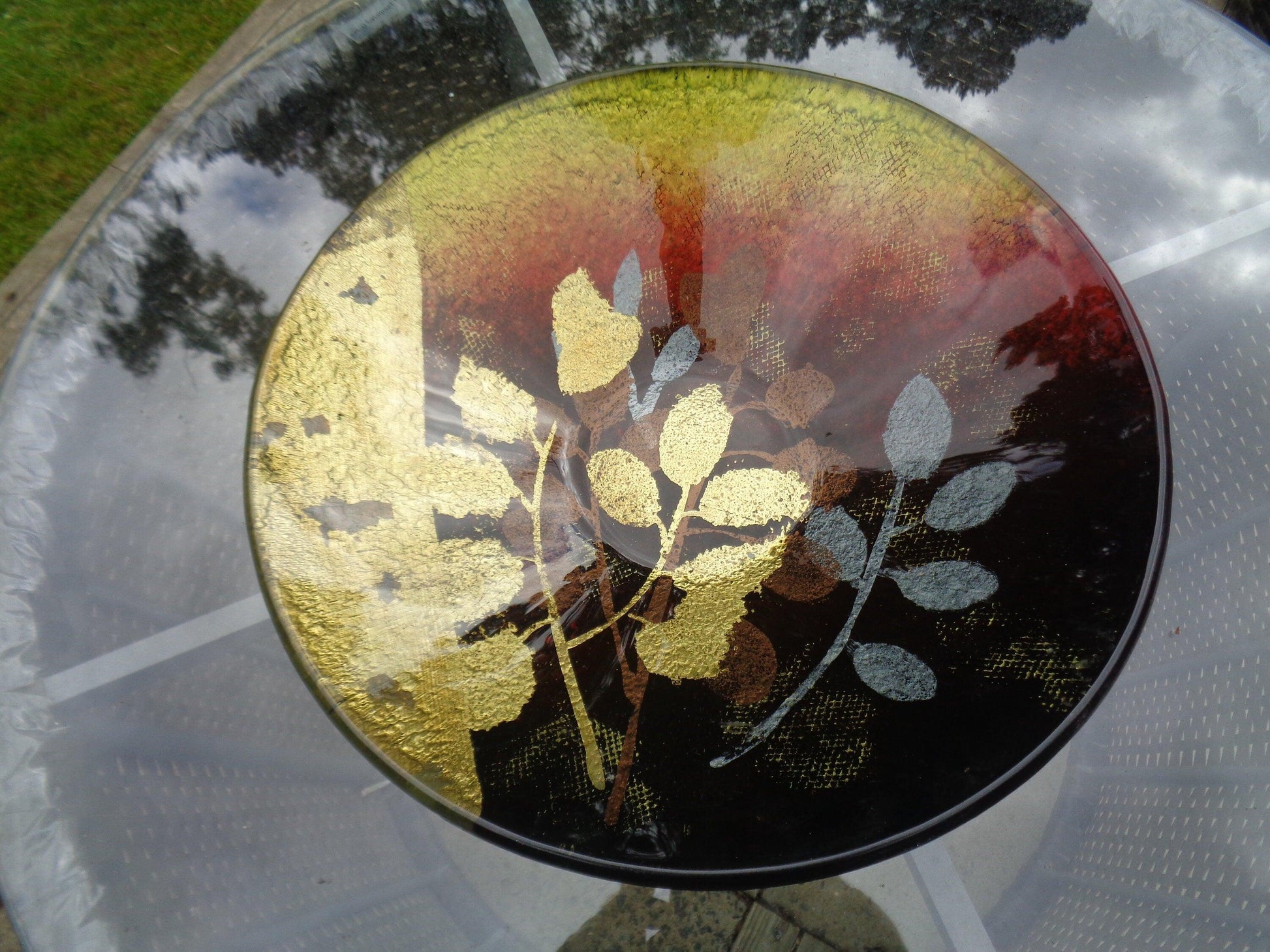 Gorgeous Glass Gold, red, brown and yellow large bowl/dish