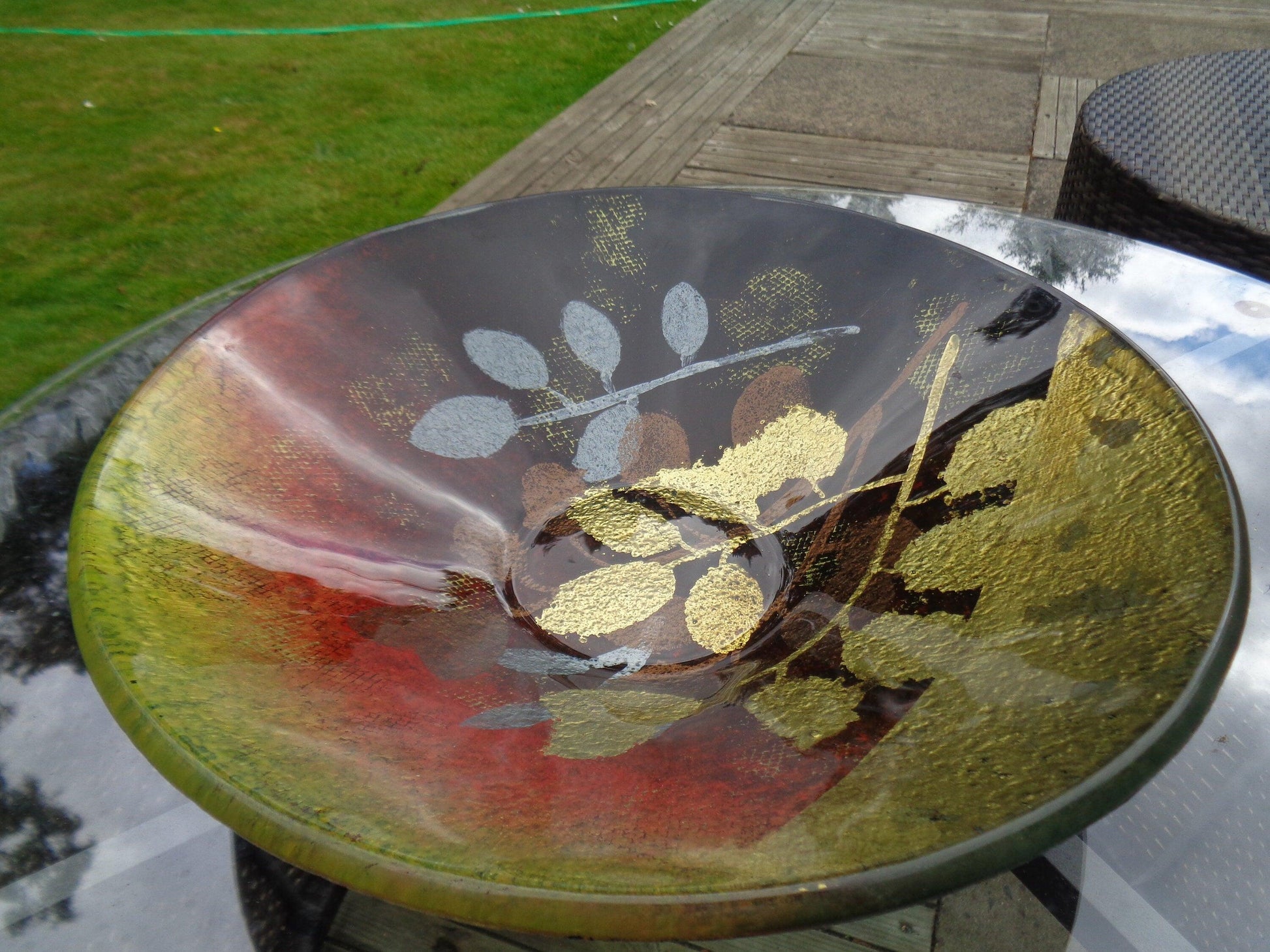 Gorgeous Glass Gold, red, brown and yellow large bowl/dish