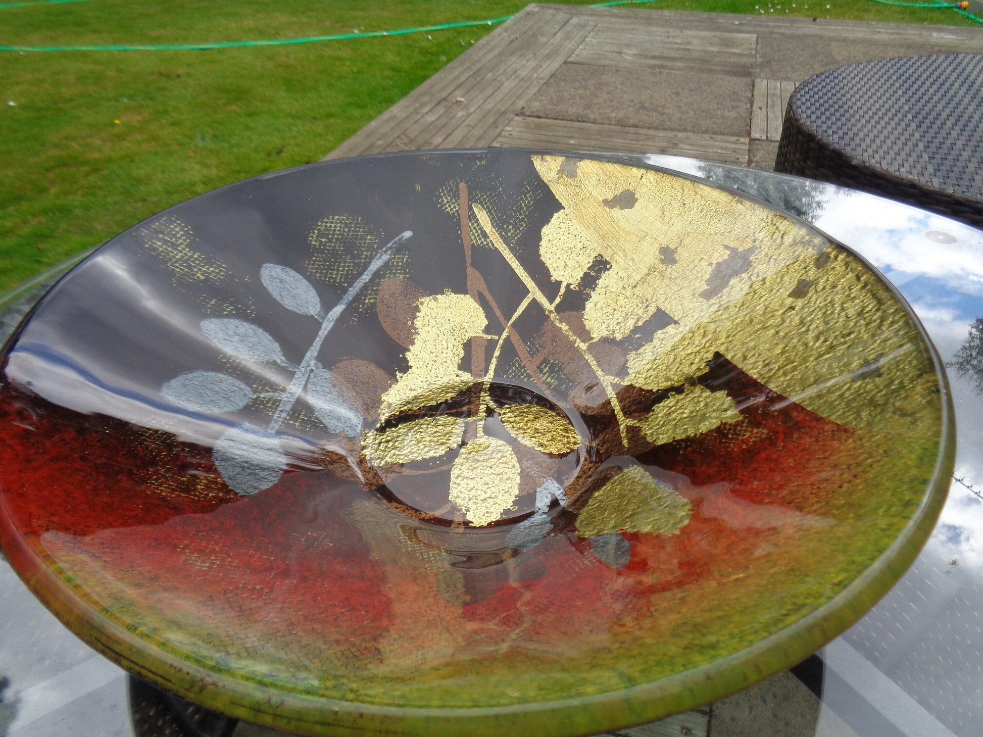 Gorgeous Glass Gold, red, brown and yellow large bowl/dish