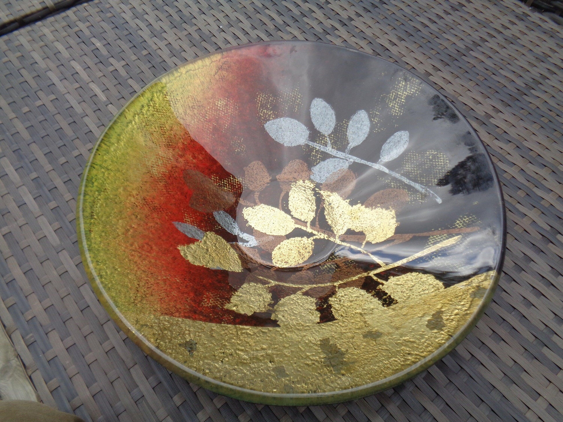 Gorgeous Glass Gold, red, brown and yellow large bowl/dish