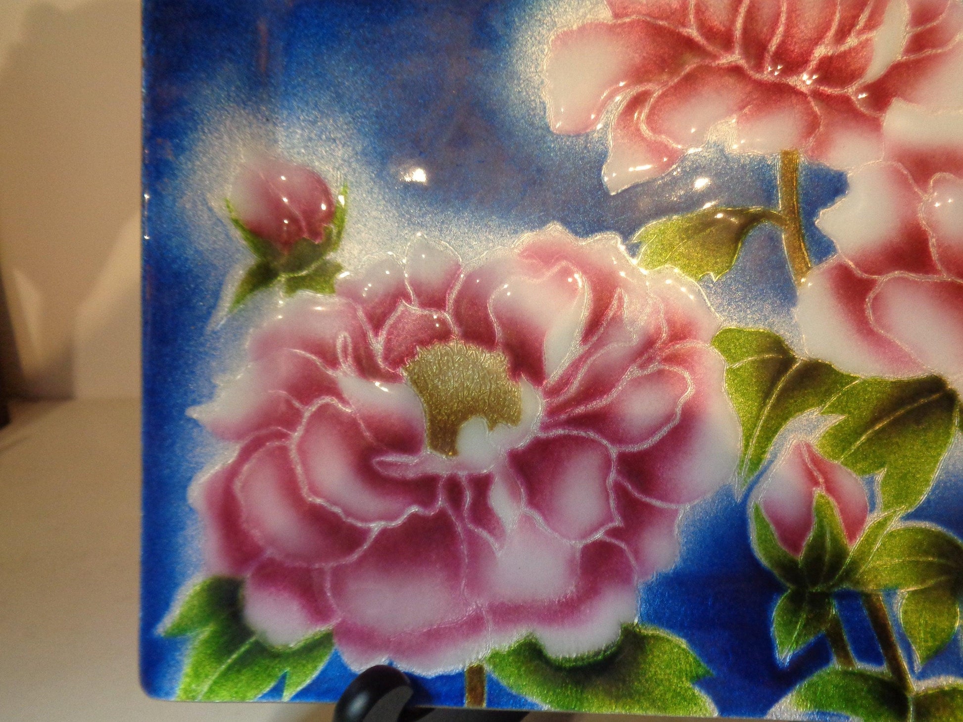 Japanese enamel on glass rectangular floral dish