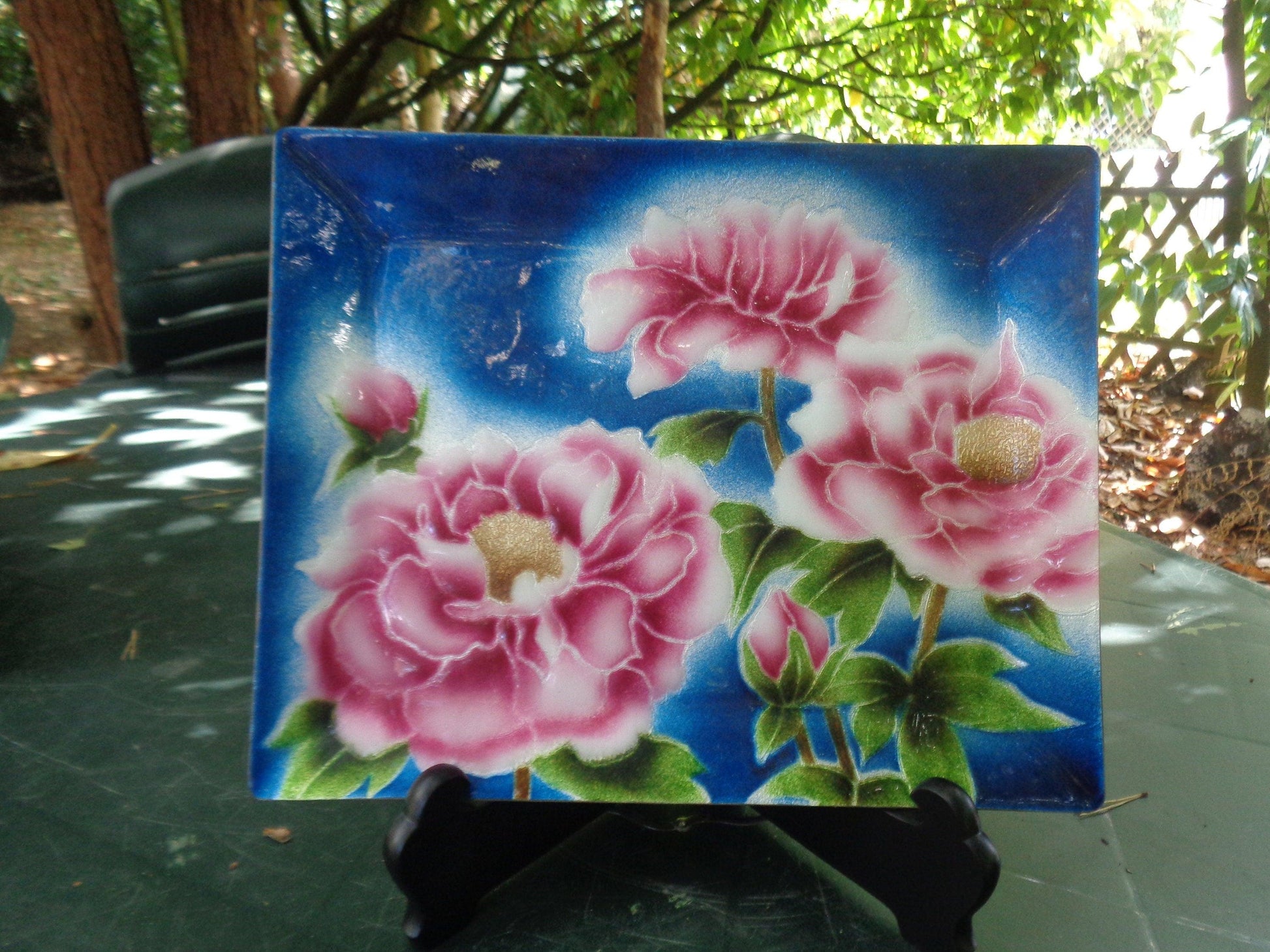 Japanese enamel on glass rectangular floral dish