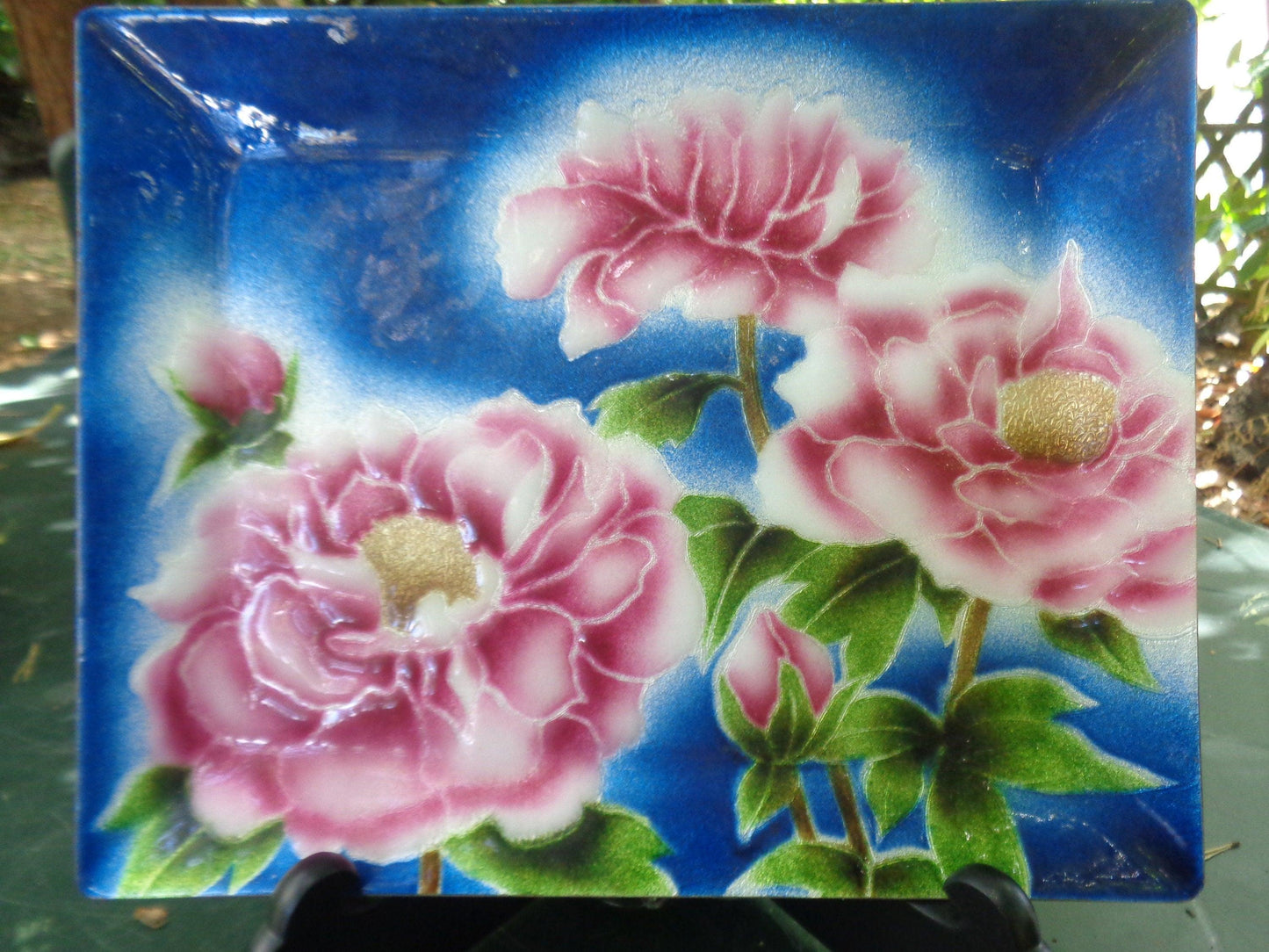 Japanese enamel on glass rectangular floral dish