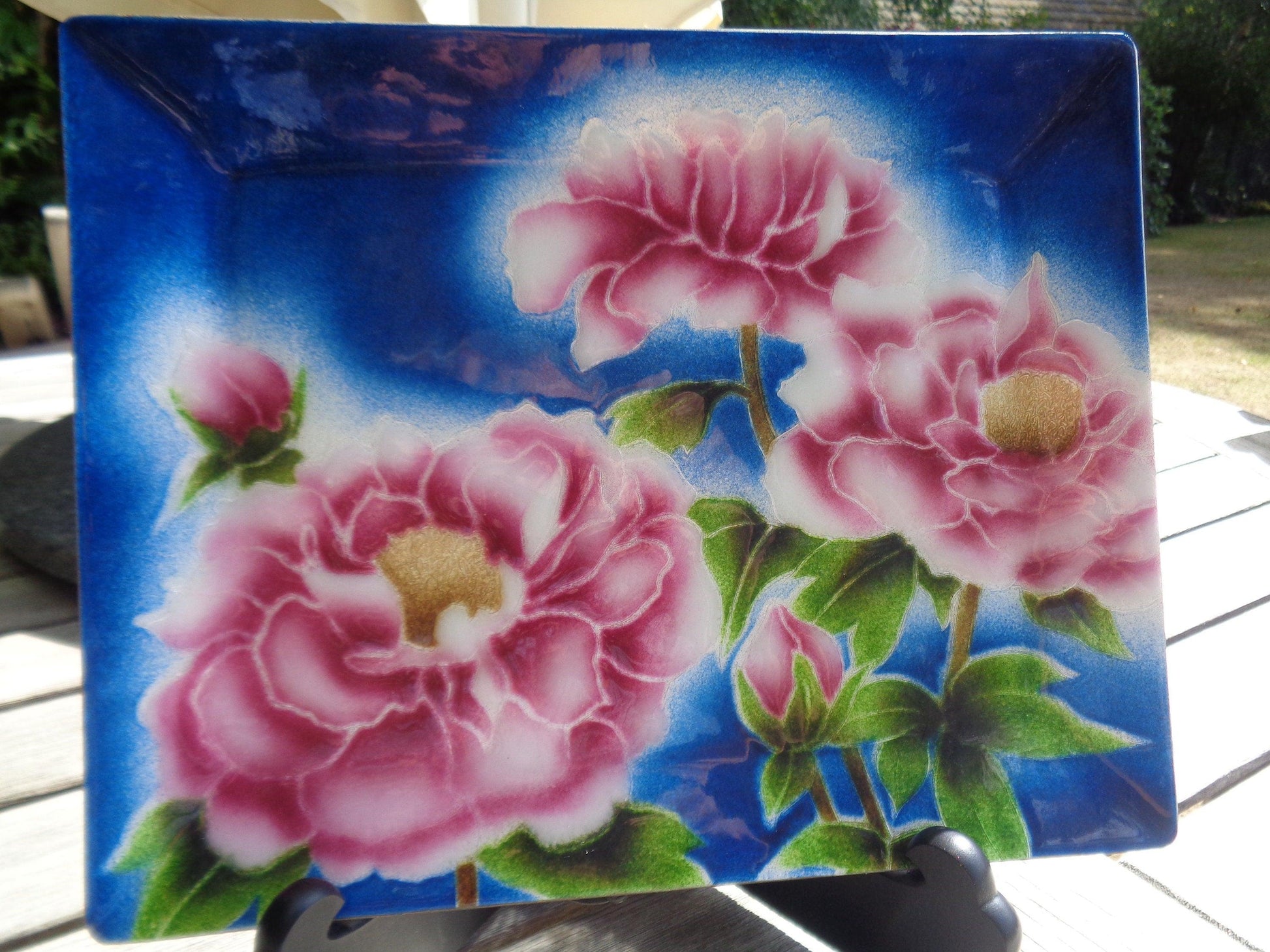 Japanese enamel on glass rectangular floral dish