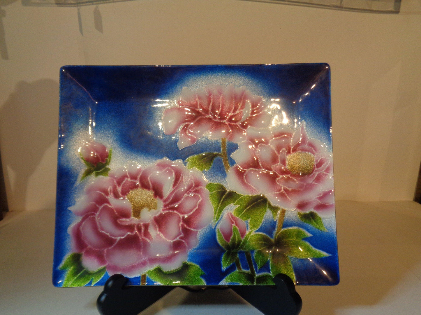 Japanese enamel on glass rectangular floral dish