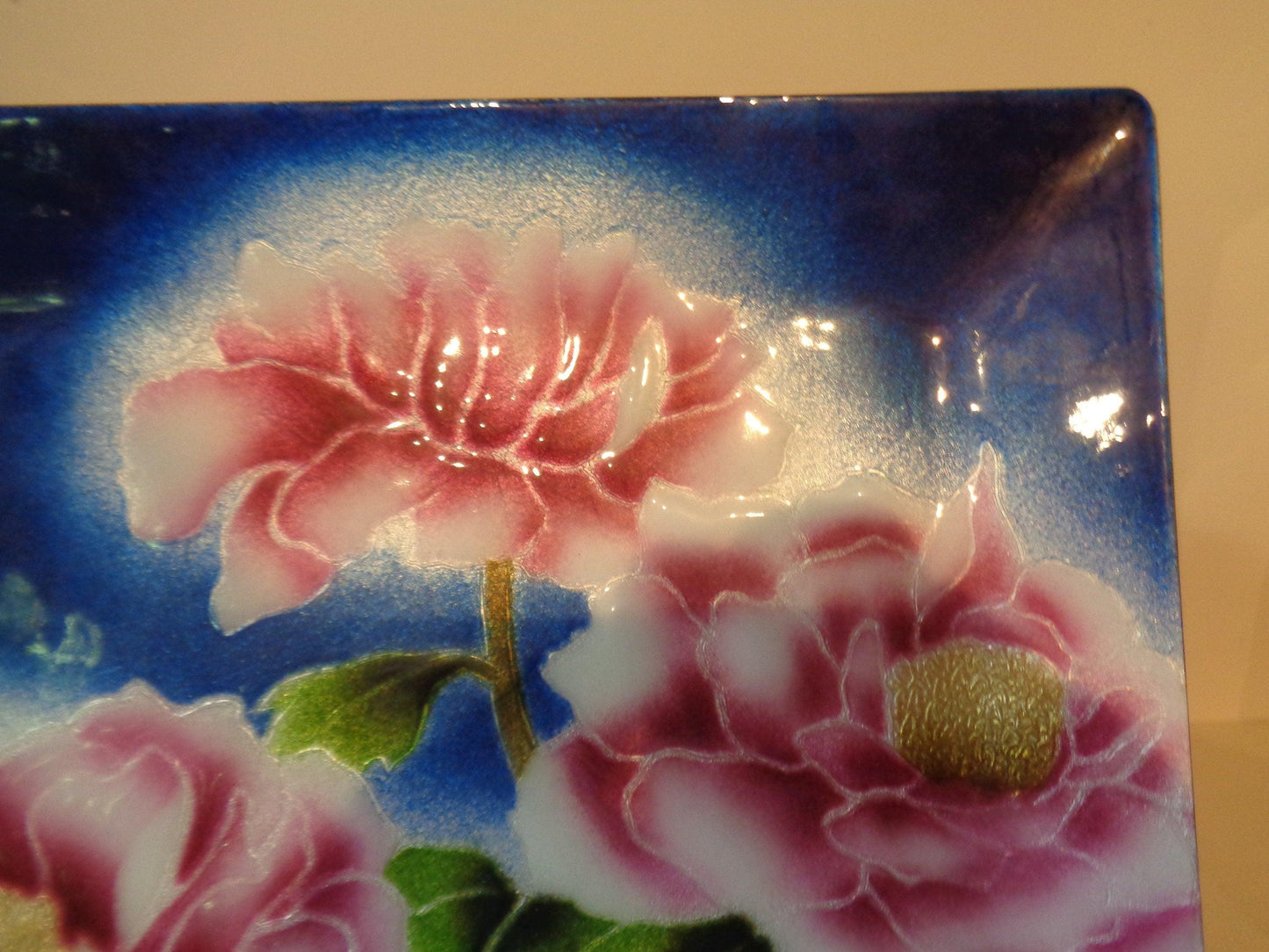 Japanese enamel on glass rectangular floral dish