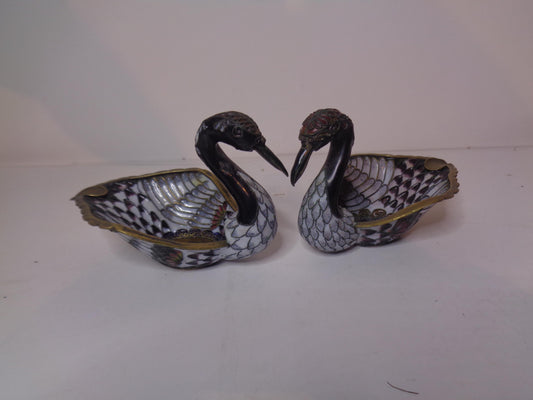 Chinese Cloisonne Pair of Swans Trinket Dishes