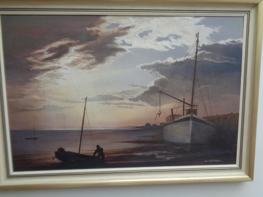 Original Oil "Low Tide at Sunset in Brighton" by Walter Leslie Fenner (1927-2007)