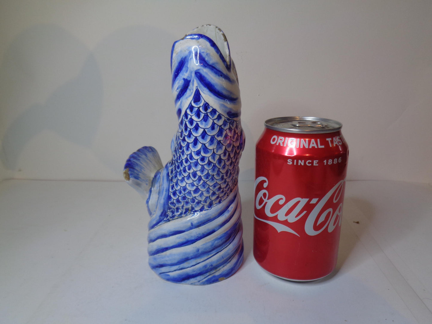 Antique Delft blue and white tin glazed leaping fish vase