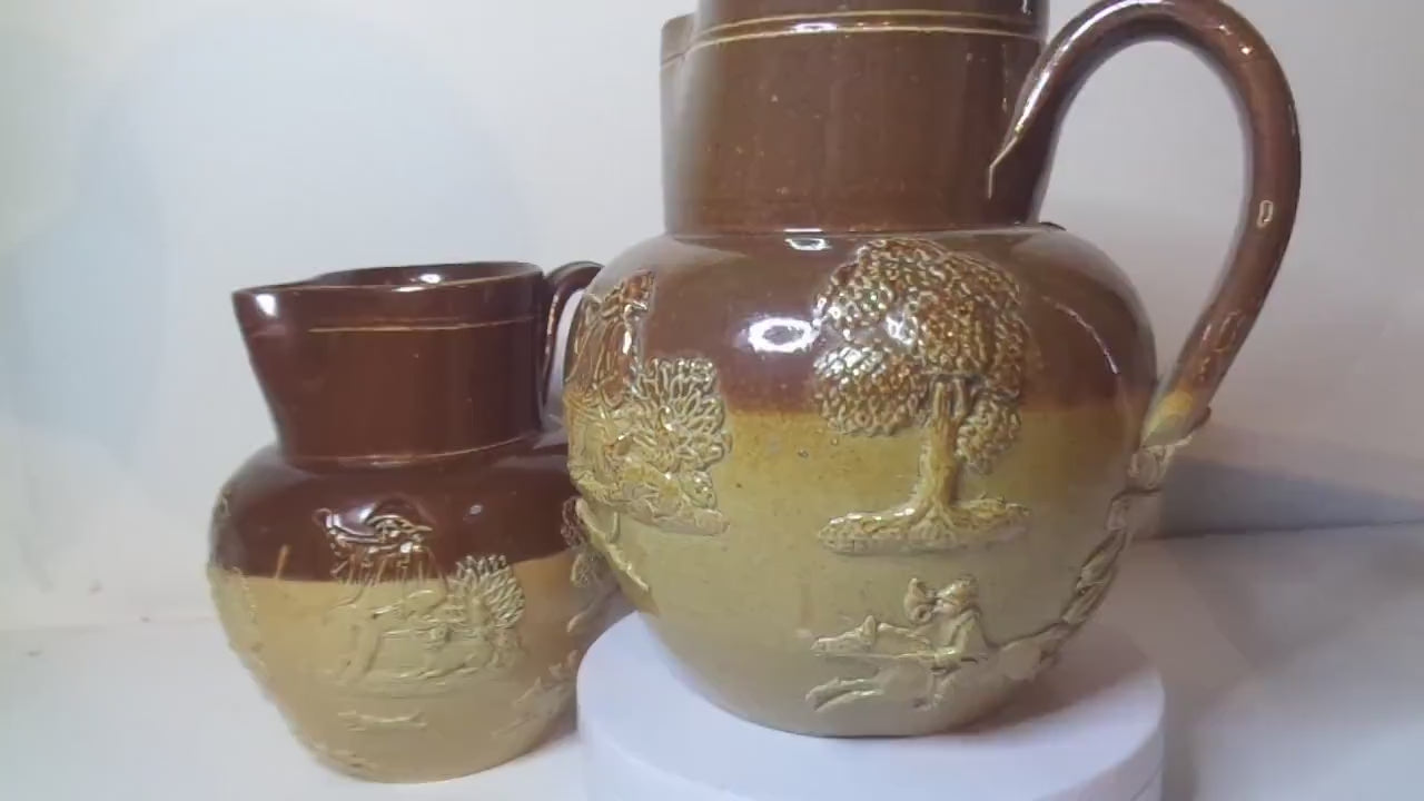 Doulton Lambeth Pair Salt Glazed Harvest Pattern Jugs